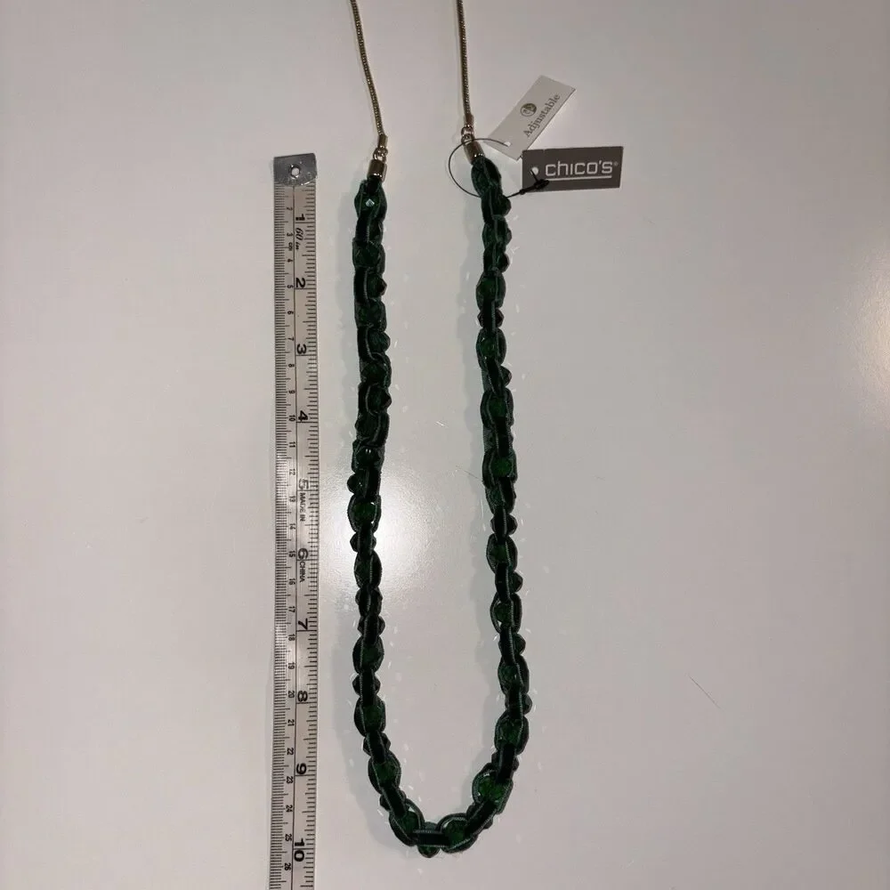 Chicos Green Velvet Ribbon & Gemstone Adjustable Necklace New Gold Tone Hardware